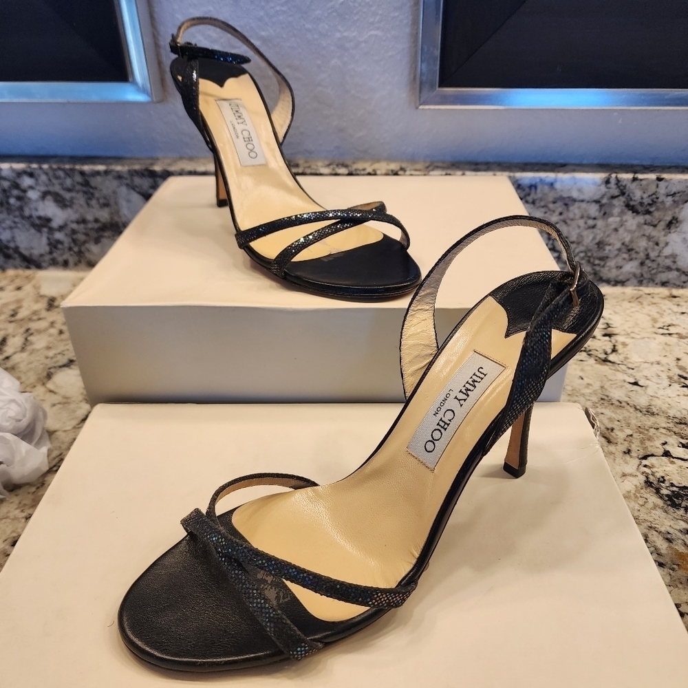 Jimmy CHOO INDIA CLASSIC BLACK PETROL GLITTER STRAPPY sling SANDALS size 40.5